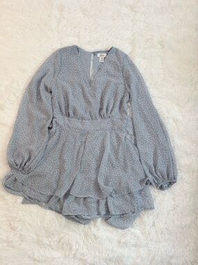 Japna Blue Polka Dot Long Sleeve Ruffle Romper Size M Boho Coquette Mini Dress
